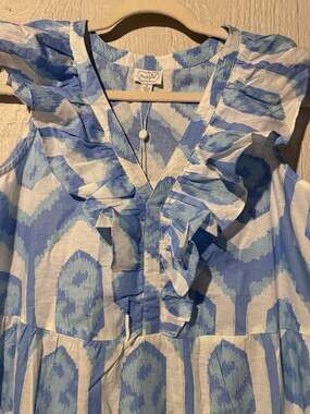 Mud Pie Women's Tanya Blue Odisha Ikat Tiered Ruffle V-Neck Maxi Dress